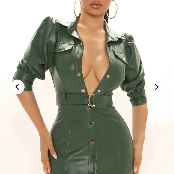 Fashion Nova Olive Green Faux Leather Belted Midi Dress - Picture 2 of 3